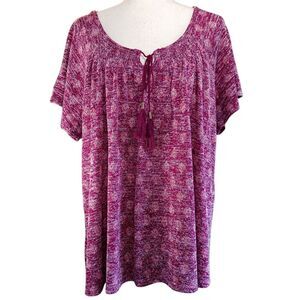 FADED GLORY Knit Peasant Top Short Sleeve Summer Boho Fringe Tie Plus Size 2X